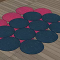 Stylish Shaped Rugs Display With Pink And Blue Circular Woven Patterns On Wooden Floor