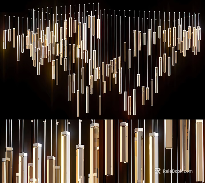 Modern Gold Metal Hanging Strip Shaped Pendant Lights With Warm Illumination 3d model 