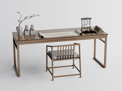 Traditional Wooden Desk with Vase Branches Small Statues Scroll Brush Holder and Gray Cushion Chair 3d model