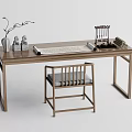Traditional Wooden Desk with Vase Branches Small Statues Scroll Brush Holder and Gray Cushion Chair