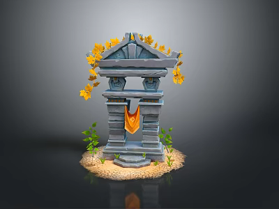 Landscape View Of Stone Structure With Yellow Falling Leaves Orange Cloth Sand And Green Plants 3d model