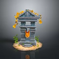 Landscape View Of Stone Structure With Yellow Falling Leaves Orange Cloth Sand And Green Plants