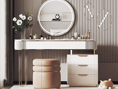 Elegant Dressing Table with Round Mirror Cosmetics White Flowers Beige Stool and Drawer Cabinet 3d model