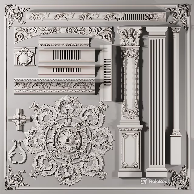 Intricate Carved Decorative Pieces With Panel Designs Column Accents And Ornamental Patterns 3d model 