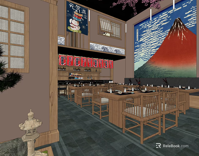 Japanese Restaurant Interior With Wooden Tables Chairs And Mt Fuji Painting 3d model 