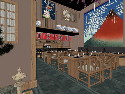Japanese Restaurant Interior With Wooden Tables Chairs And Mt Fuji Painting 3d model