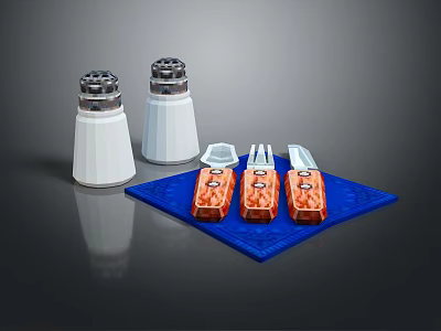 Tableware Set with White Salt Pepper Shakers and Orange Utensils on Blue Placemat 3d model
