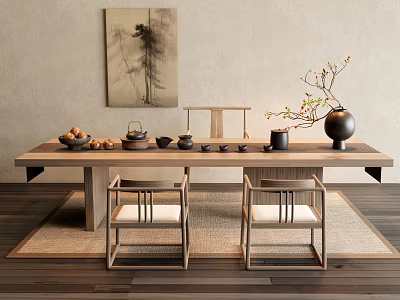 Traditional Wooden Tea Table With Chairs Tea Sets Fruits Vase Branches And Wall Painting 3d model