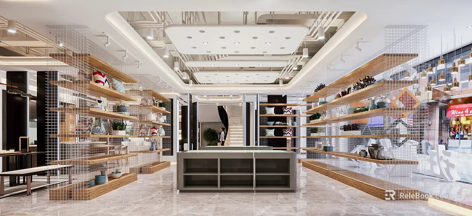 Modern Specialty Store Interior With Open Layout Shelves Displayed Products And Central Reception Desk 3d model 