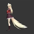 Anime Game Character with White Ears Tail Red Top Purple Skirt Red Stockings Arms Outstretched