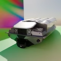 Military Weapon System On Black Warship With Three Large Circular Devices And Rainbow Colored Background