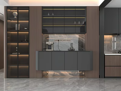 Modern Dining Sideboard Interior Design With Glass Doors Wooden Frame And Lighting Strips 3d model