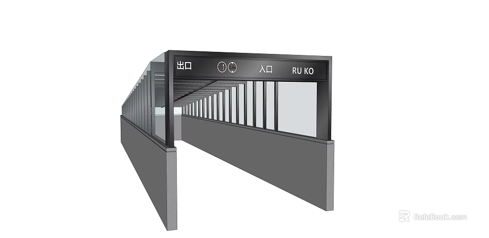 Modern Exit Passage With Glass Structure And Bilingual Signage Design 3d model 