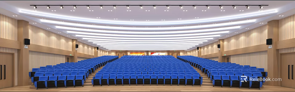 School Auditorium with Blue Seats Curved Ceiling Lighting Stage And Screen 3d model 