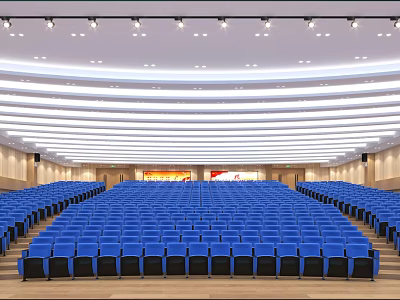 School Auditorium with Blue Seats Curved Ceiling Lighting Stage And Screen 3d model