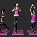Women Practicing Different Yoga Poses In Pink Black Activewear On Pink Mats With Gray Background