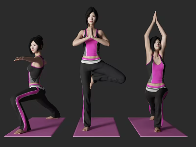 Women Practicing Different Yoga Poses In Pink Black Activewear On Pink Mats With Gray Background 3d model