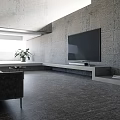Modern Living and Dining Room with Concrete Walls Open Layout Sofa TV and Large Window