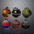 Six Spherical Explosive Weapons With Various Colors Warning Symbols And Fuses