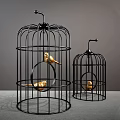 Decorative Ornament Set with Metal Birdcages Gold Black and Small Bird Decorations Modern Design
