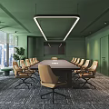 Modern Meeting Room With Green Walls Large Windows City View And Conference Table