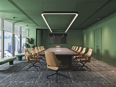 Modern Meeting Room With Green Walls Large Windows City View And Conference Table 3d model
