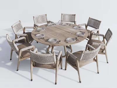 Round Wooden Dining Table Set With Woven Chairs And Seating For Six 3d model