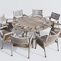 Round Wooden Dining Table Set With Woven Chairs And Seating For Six