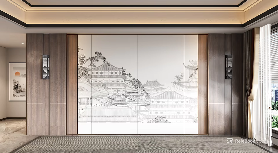 Modern Wooden Decorative Cabinet With Chinese Ancient Architecture Pattern Screen And Wall Lamps 3d model 