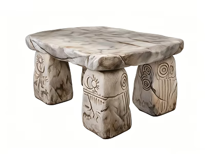 Natural Stone Dining Table With Carved Legs And Artistic Totem Symbols 3d model