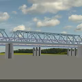 Modern Steel Frame Bridge with Piers Under Blue Sky White Clouds and Distant Green Trees