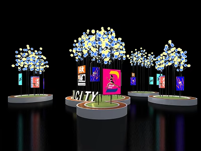 Illuminated Tree Like Decorations On Circular Bases With Colorful City Billboards 3d model