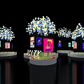 Illuminated Tree Like Decorations On Circular Bases With Colorful City Billboards