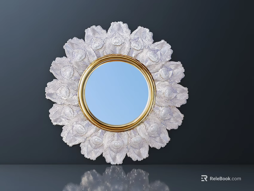 Elegant White Carved Circular Mirror With Golden Border And Intricate Design 3d model 