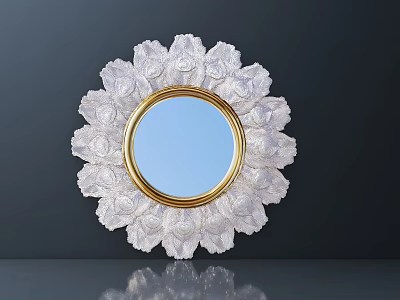 Elegant White Carved Circular Mirror With Golden Border And Intricate Design 3d model