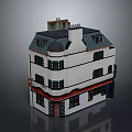 Traditional Three Story Building Exterior With White Walls Black Roof Windows And Chimney