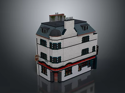 Traditional Three Story Building Exterior With White Walls Black Roof Windows And Chimney 3d model