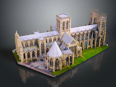 Ancient Historic Building Model with Gothic Spires Arched Windows Stone Towers Green Lawn Detailed Design 3d model