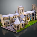 Ancient Historic Building Model with Gothic Spires Arched Windows Stone Towers Green Lawn Detailed Design