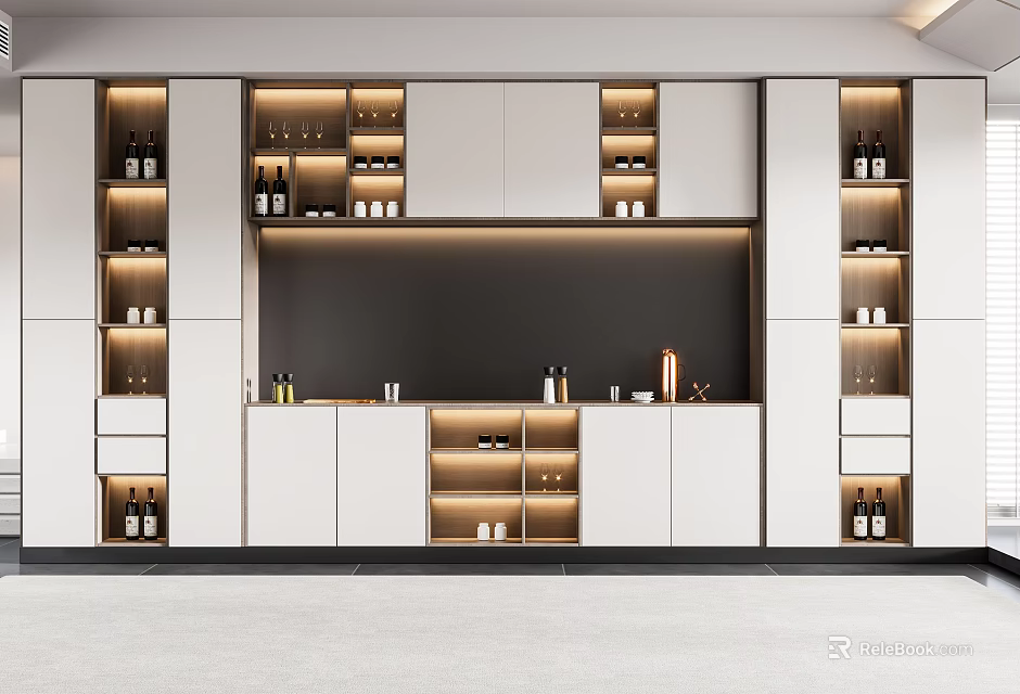 Elegant Modern Wine Cabinet With Multi-tiered Shelves White Cabinets And Dark Backboard Design 3d model 