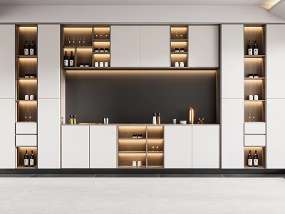 Elegant Modern Wine Cabinet With Multi-tiered Shelves White Cabinets And Dark Backboard Design 3d model