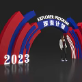 Red Blue Curved Archway for Explorer Program 2023 with Person Standing 3d model