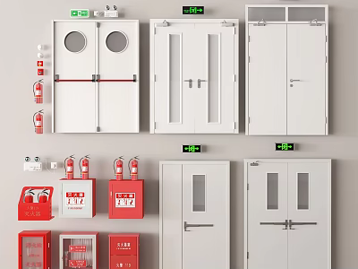 Fire Safety Equipment Including Fire Doors Extinguishers Cabinets and Exit Signs 3d model