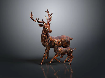 Vintage Bronze Deer Sculpture With Mother And Baby Figures On Dark Reflective Surface 3d model