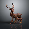 Vintage Bronze Deer Sculpture With Mother And Baby Figures On Dark Reflective Surface