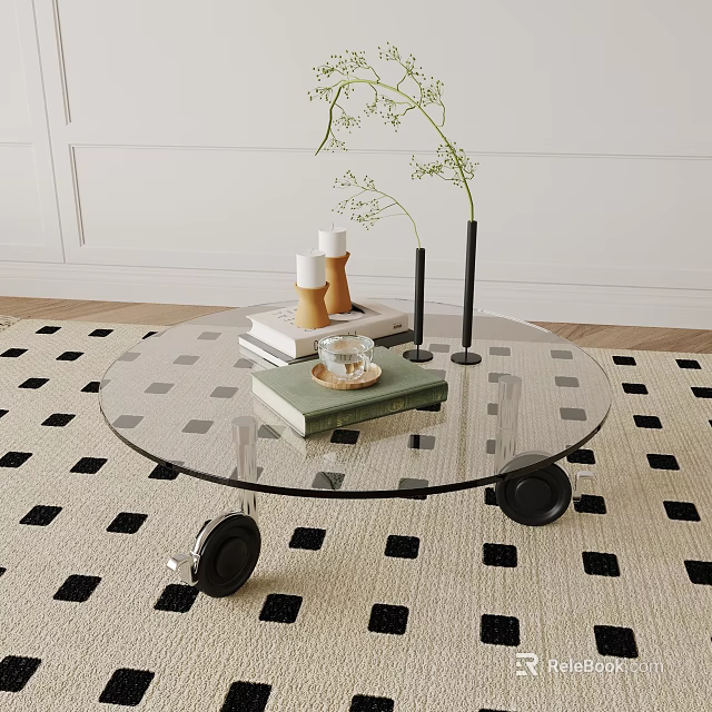 Round Glass Top Coffee Table with Black Wheels on Black White Square Rug Books Candles 3d model 