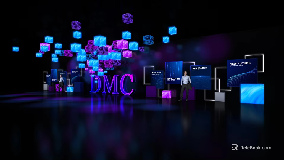 Modern DMC Themed Photo Spot With Colorful Cubes And Purple Letters 3d model 