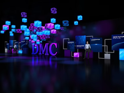 Modern DMC Themed Photo Spot With Colorful Cubes And Purple Letters 3d model