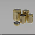 Golden Hammered Texture Lidded Canisters Set With Open Lid On Dark Reflective Surface 3d model
