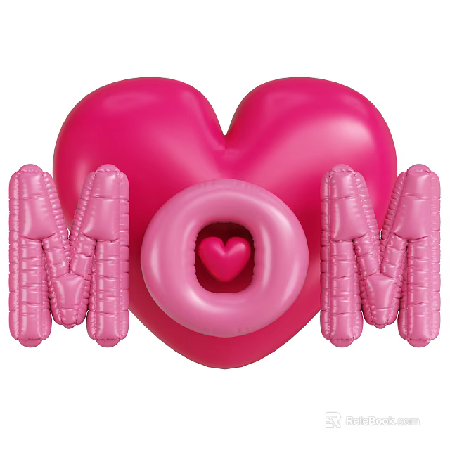 Pink Heart Shaped Decorative Ornament Set With MOM Lettering And Balloon Design 3d model 